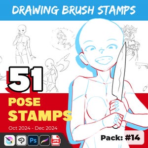 51 Procreate Body Poses - Body Stamp Brushes - Pozy do rysowania postaci - Clip Studio i zestaw Photoshop - Anime Manga Reference for Drawing