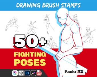 May include: Drawing brush stamps featuring 50+ fighting poses. The image shows a pack of 2 and includes a variety of poses for drawing characters in action. The text on the image reads "Drawing Brush Stamps", "50+ Fighting Poses", and "Pack: #2".