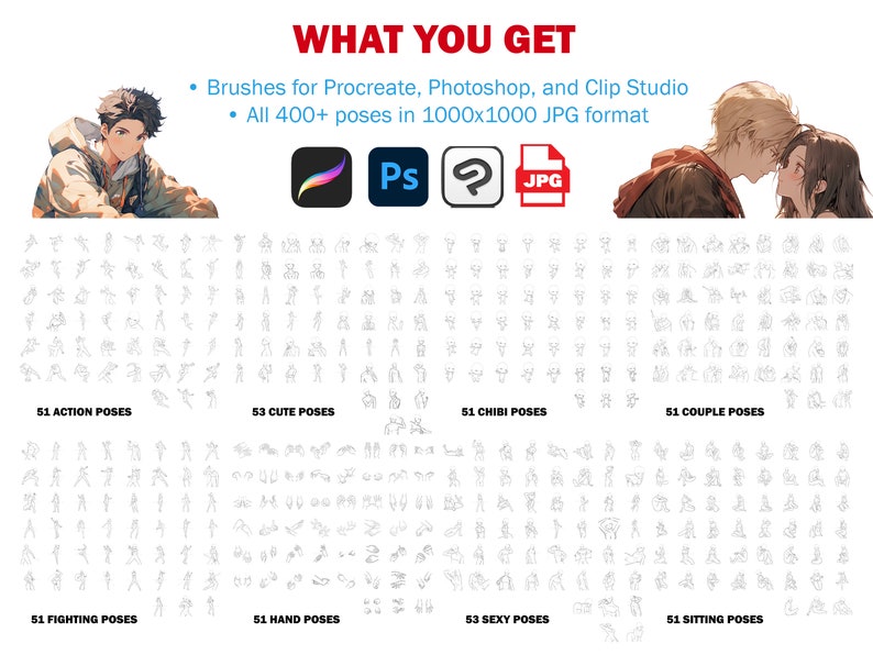 400+ Anime Reference Procreate Body Poses - Manga Procreate Brushes - Character Drawing Poses - Clip Studio and Photoshop Set image 4