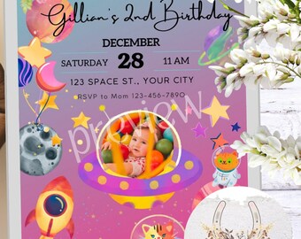 ANYA- Space Party Invites Space Invitation Floral Space Invite Space Party Printable Pink Space Party Printables Girls Space Invites