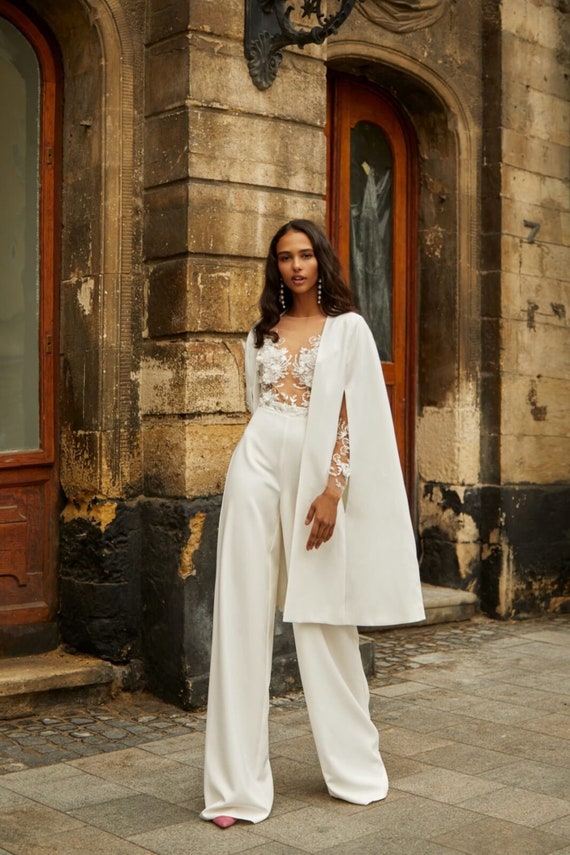Chiffon and Crepe Jumpsuit with Beaded Cape | David's Bridal
