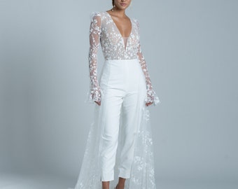 Elegant lace jumpsuit, bridal jumpsuit, bridals wedding dress attire, stunning jumpsuit for the modern bride.