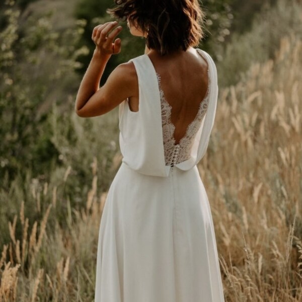 Boho beach wedding dress Wrap, Crepe wedding dress open back, Simple wedding dress, Bridal gown.