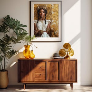 May include: A framed portrait of a woman with a gold headpiece hangs above a wooden cabinet. The cabinet has two doors and three drawers. A large potted plant and decorative vases are on the left. A gold-toned sculpture and a striped vase are on the right.