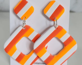 Striped Statement dangle Earring, Fluoro Orange thick stripes, handmade.