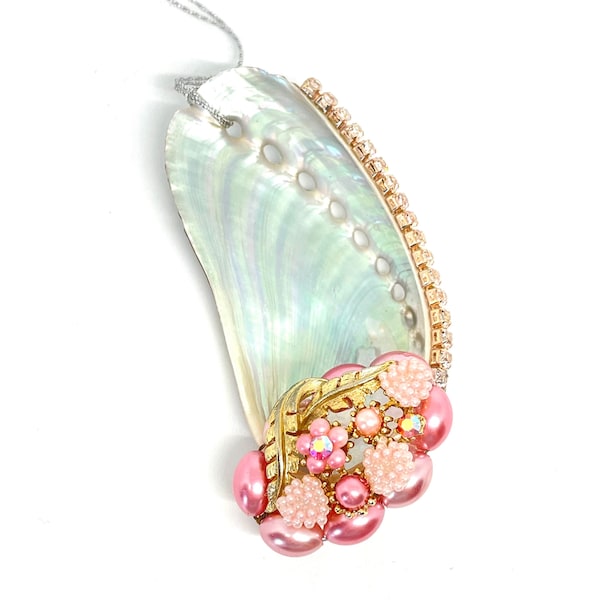 Vintage - Abalone Seashell Ornament - Adorned with Rhinestones and Pieces of Vintage Jewelry