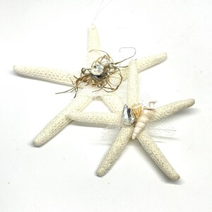 Vintage - Set of 2 - Real Starfish Painted and Adorned with Glitter, Seashells, Textiles and Bits of Vintage Jewelry