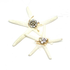 Vintage - Set of 2 - Real Starfish Painted and Adorned with Glitter, Seashells, Textiles and Bits of Vintage Jewelry