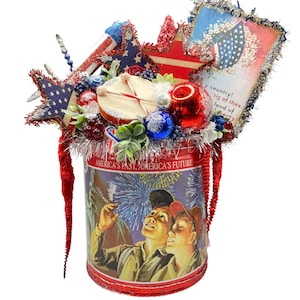 Vintage Patriotic/ USA / July 4th / Memorial  Day  / Summer Assemblage - Decoration  - Upcycled - Vintage Tin - one of a kind piece of art