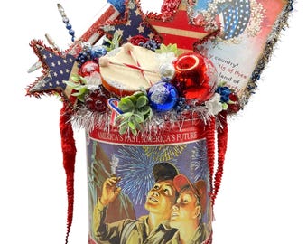 Vintage Patriotic/ USA / July 4th / Memorial  Day  / Summer Assemblage - Decoration  - Upcycled - Vintage Tin - one of a kind piece of art