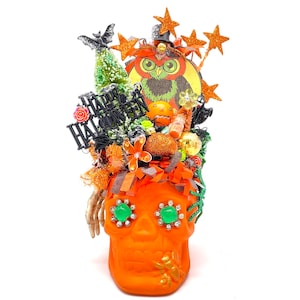 Vintage Halloween Assemblage - Vintage Ceramic Orange Skull - Vintage Shiny Brites - Vintage Jewelry - Diorama - Decoration