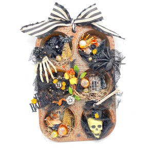 Vintage Halloween Assemblage - Vintage Muffin Tin  - Vintage Shiny Brites - Vintage Jewelry - Vingette - Diorama - Decoration