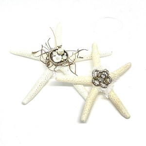 Vintage - Set of 2 - Real Starfish Painted and Adorned with Glitter, Seashells, Textiles and Bits of Vintage Jewelry