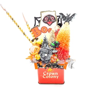 Vintage Halloween Assemblage - Decoration  - Vintage Spice Tin - One of a kind piece of art
