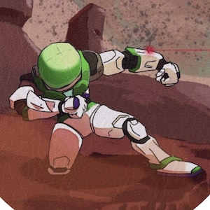 Peut inclure: Un robot vert et blanc avec un casque vert est accroupi sur une surface rocheuse brune. Le bras droit du robot est étendu et un faisceau laser rouge sort de son poignet.