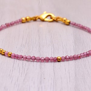 Pink Tourmaline Bracelet Gold Silver & Rose Gold, 3mm Dainty Beaded Gemstone Bracelet,Gold Filled Birthstone Bracelets Gift for Women