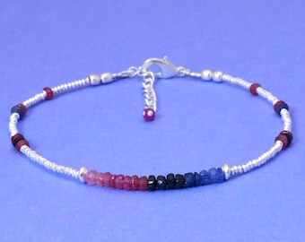 Blauwe en roze saffierarmband met roségouden vulling of sterlingzilver, delicate saffierkralenarmband, veelkleurige saffiersieraden