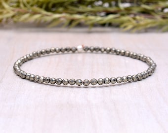 Pyrite Stretch Bracelet, Delicate Beaded Brown Gemstone Jewelry, Genuine Small Faceted Gemstones