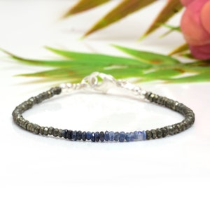 Skinny Pyrite & Ombre Blue Sapphire Bracelet in Sterling Silver Gemstone Bracelet