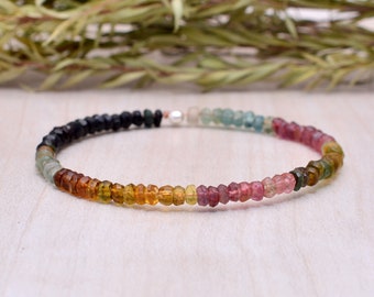 Tourmaline Stretch Bracelet, Delicate Beaded Shaded Watermelon Petro Colors, Elastic Stacking Jewelry, Rose Gold Fill or Sterling Silver