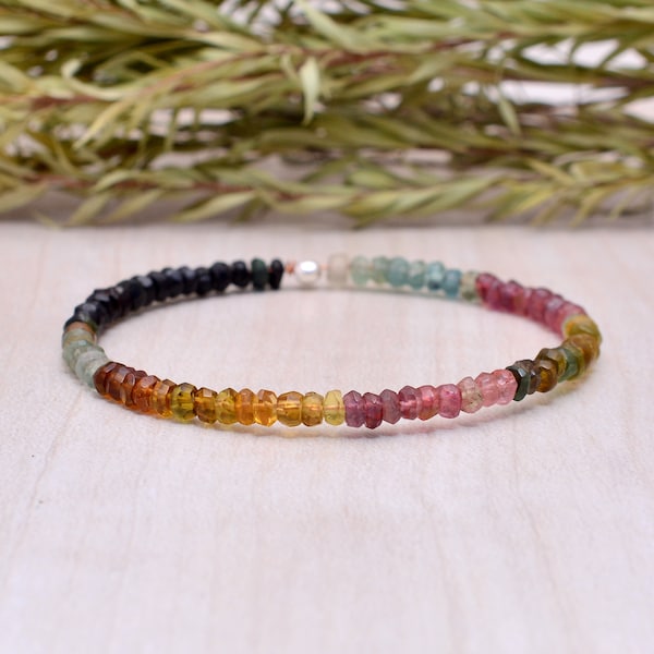 Tourmaline Stretch Bracelet, Delicate Beaded Shaded Watermelon Petro Colors, Elastic Stacking Jewelry, Rose Gold Fill or Sterling Silver