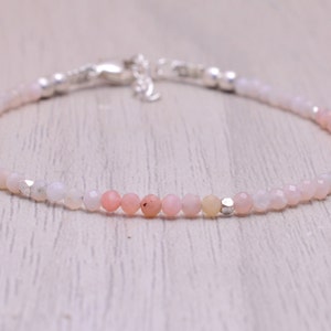 Pink Opal Bracelet, Tiny Pink Gemstone Beaded Bracelet, Sterling Silver or Gold Fill, Gemstone Stacking Bracelet, October Birthstone