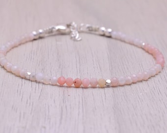 Pulsera pequeña de ópalo rosa, pulsera apilable de cuentas de plata de ley