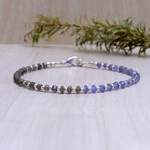 Labradorite, Tanzanite Bracelet with Rose Gold Fill or Sterling Silver, Delicate Beaded Genuine  Jewlery