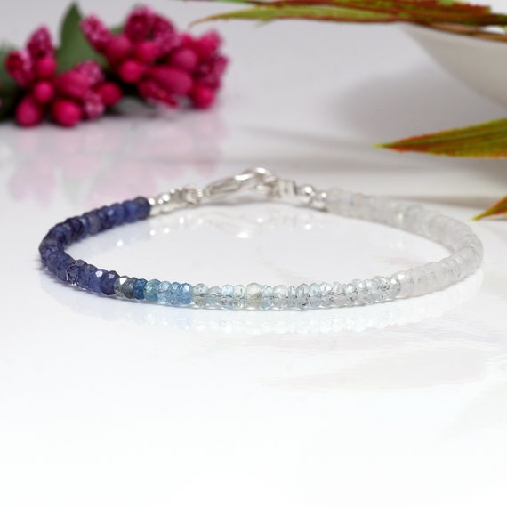 Iolite, Aquamarine Moonstone Beaded Bracelet in Sterling Silver or Gold  Filled