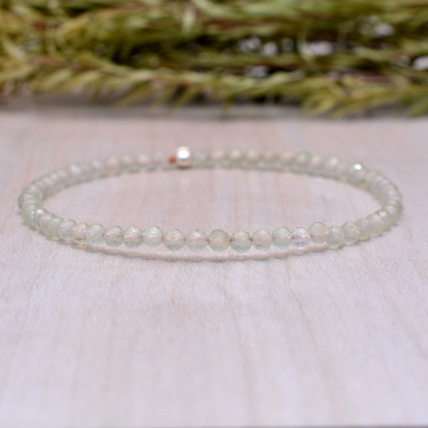 Prehnite Bracelet , Beaded Pale Light Green Gemstone Elastic Stacking Jewelry, Delicate Stretch Faceted Small Beads