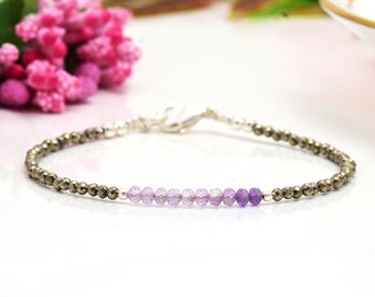 Amethyst, Labradorite & Pyrite Beaded Bracelet in Sterling Silver or Gold Filled