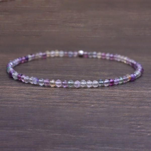 Delicate Fluorite Stretch Bracelet, Beaded Purple Green Gemstone Stacking Jewelry, Tiny Faceted Beads