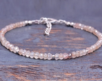 Rose Quartz Gemstone Bracelet, Tiny 3-4mm Pale Pink Gemstone & Sterling Silver or Gold Fill Bracelet, Stacking Bracelet, Love and Friendship