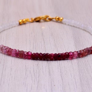 Ruby, Pink Tourmaline & Rainbow Moonstone Bracelet, Red Pink Ombre Jewelry, Genuine July Birthstone Gemstone