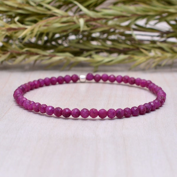 Dainty Ruby Stretch Bracelet, Delicate Elastic Jewelry, Faceted Small Pink Red Gemstone Beads