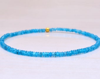 Peacock Apatite Stretch Bracelet, Delicate Beaded Blue Gemstone Skinny Bracelet