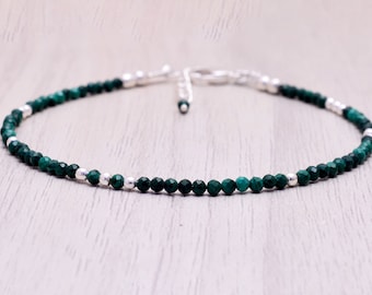 Pulsera de cuentas de malaquita auténtica, plata de ley, joyería delicada