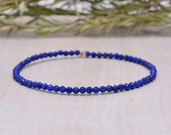 Lapis Lazuli Stretch Bracelet, Ultra Delicate Faceted Tiny Beads Gemstone Jewelry, Elastic Stacking Bracelet, Simple Minimal