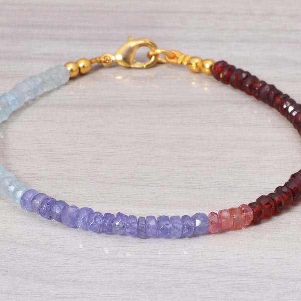 Gemstone Ombre Bracelet with Tanzanite, Garnet and Aquamarine, Delicate Faceted Beaded Jewelry, Rose Gold Fill or Sterling Silver