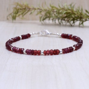 Deep Red Garnet Bracelet, Tiny Gemstones, Dainty Gemstone Stacking Bracelet, Sterling Silver or Gold Fill, January Birthstone