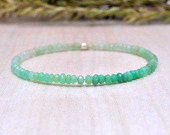 Shaded Chrysoprase Stretch Bracelet, Ultra Delicate Beaded Gemstone Jewelry