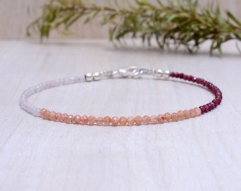 Sunstone, Rose Quartz and Garnet Bracelet, Delicate Beaded Stacking Multi Gemstone Jewelry, Rose Gold Fill or Sterling Silver, Rhodolite