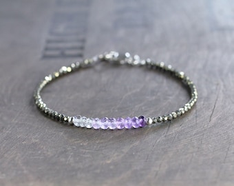 Amethyst, Labradorite & Pyrite Beaded Bracelet in Sterling Silver or Gold Filled