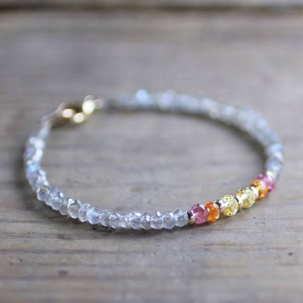 Delicate Labradorite Bracelet with Pink Tourmaline & Yellow Orange Sapphire, Gold Filled or Sterling Silver, Multi Gemstone Beaded Bracelet