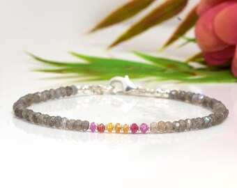 Delicate Labradorite Bracelet with Pink Tourmaline & Yellow Orange Sapphire, Gold Filled or Sterling Silver, Multi Gemstone Beaded Bracelet
