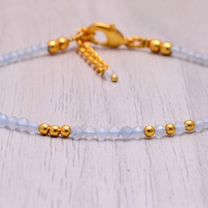 Dainty Aquamarine Bracelet: Sterling Silver, Rose Gold, Crystal Beads