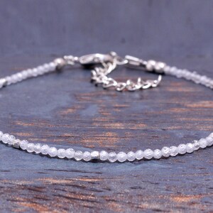 May include: A delicate silver anklet with a chain closure and small, clear, faceted beads.