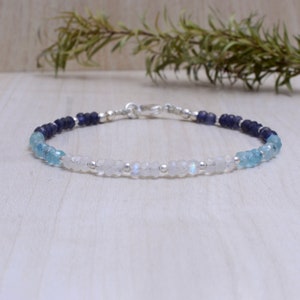 Iolite, Aquamarine & Moonstone Beaded Bracelet in Sterling Silver or Gold Filled