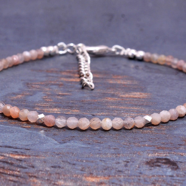 Dainty Peach Moonstone Gemstone Bracelet, Tiny 2mm Peach Gemstone Beads, Gold Fill or 925 Sterling Silver Gemstone Stacking Bracelet