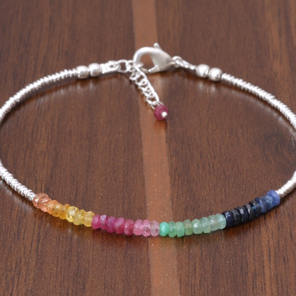 Multi Sapphire Bracelet with Rose Gold Fill or Sterling Silver, Delicate Sapphire Beaded Bracelet, Multi Color Sapphire Jewelry